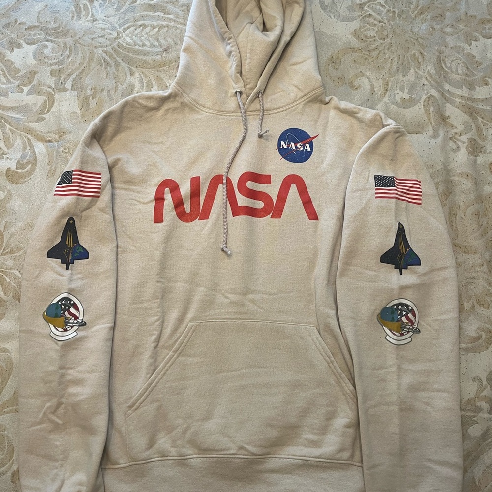 Tan Sweatshirt with Red Logo and Patches